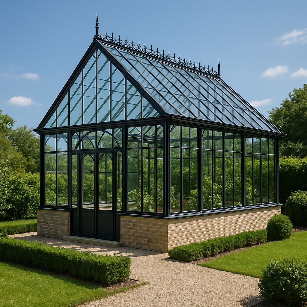 An iron glass house with a black metal frame and glass roof, located in a landscaped garden under a clear sky.