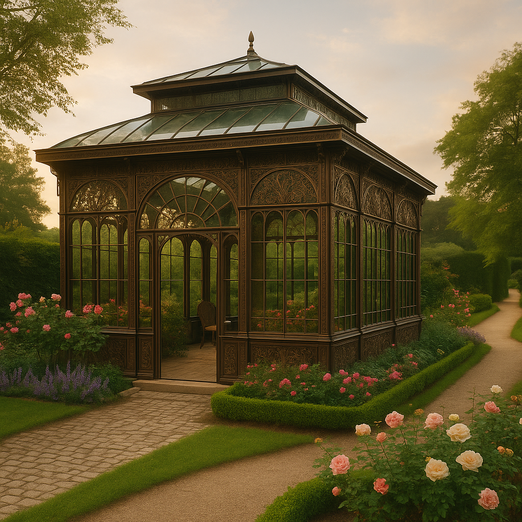 Decorative iron and glass pavilion with bronze detailing and landscaped garden.