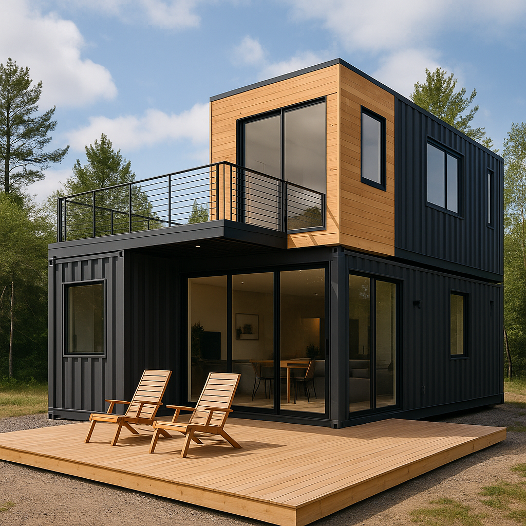 Two-story shipping container home with glass doors and rooftop terrace, surrounded by forest