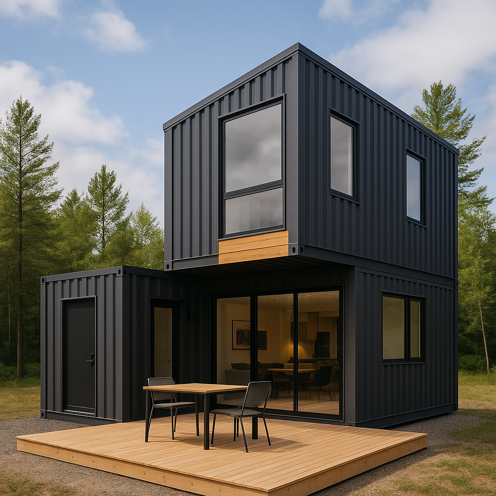 Three-unit dark gray container house with cantilevered design and wooden patio in forest.