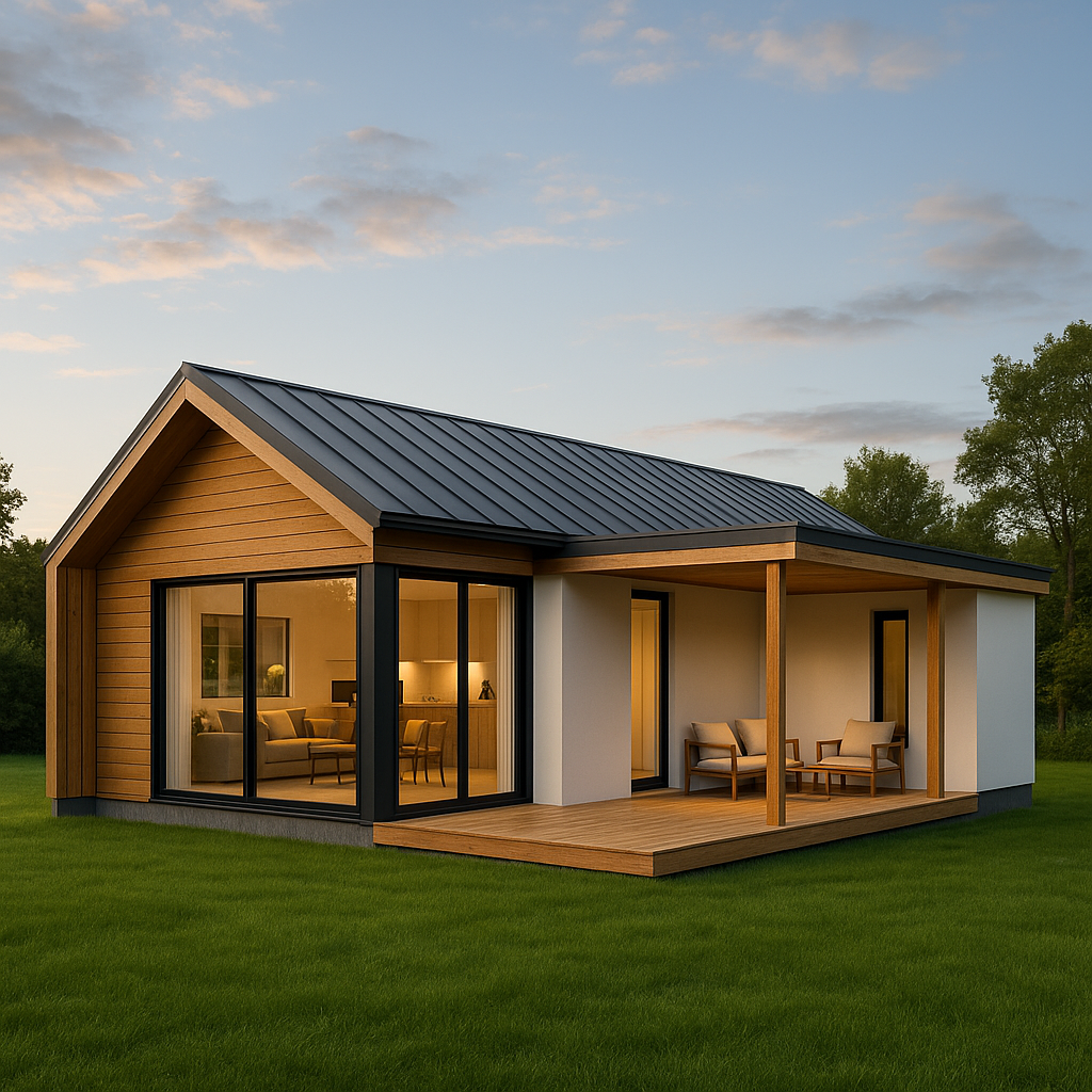 A modern prefab house with a sloped roof, white walls, and natural wood elements in a serene outdoor setting.