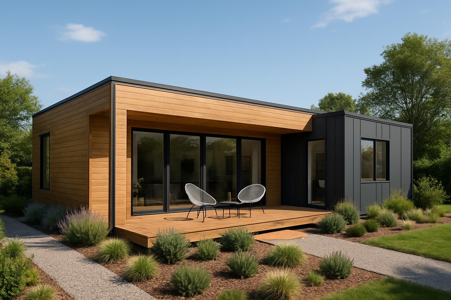 Prefab house with modern design and a veranda, captured during sunset with a warm ambiance.