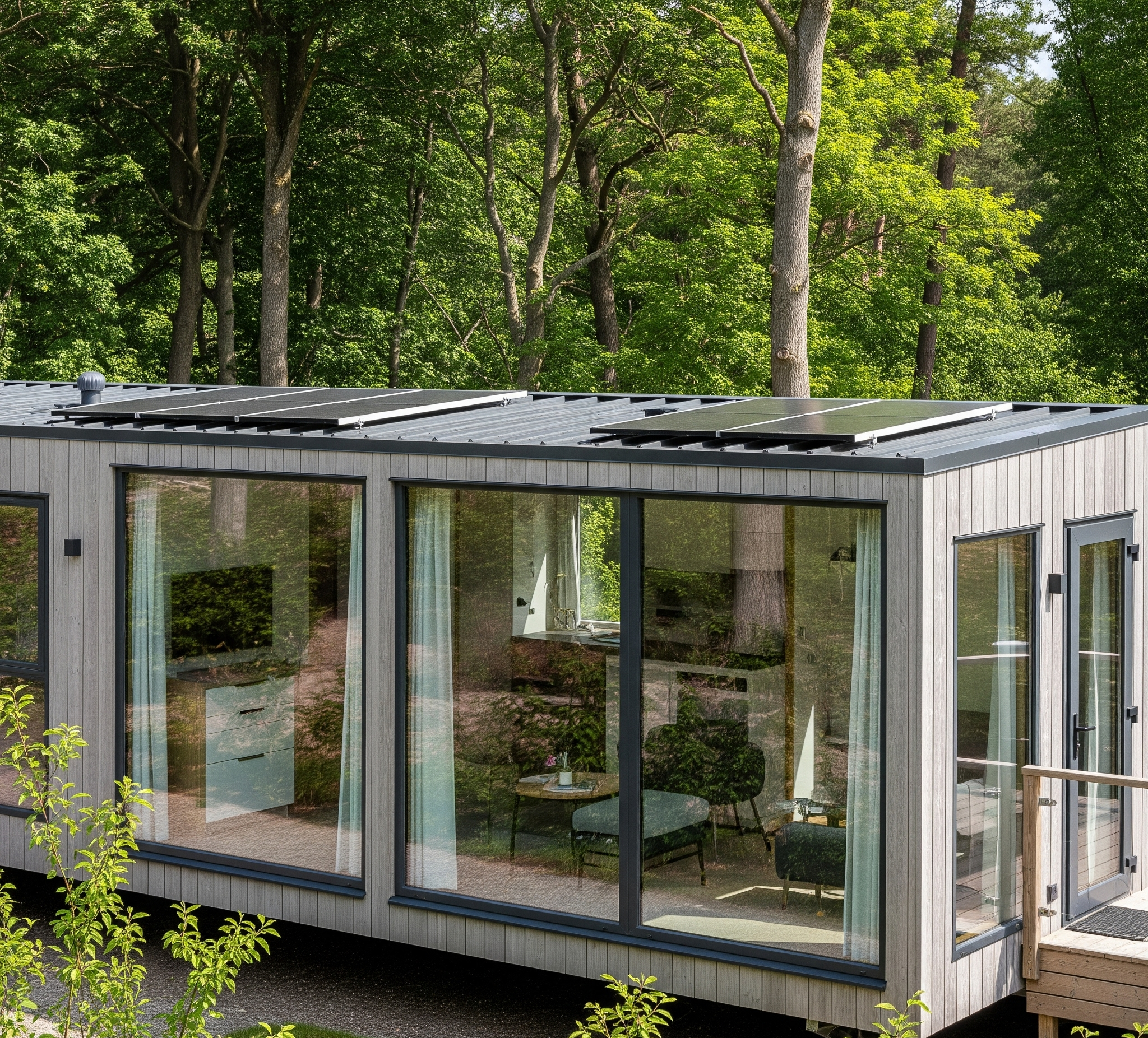 Modern mobile home with floor-to-ceiling windows and solar panels, surrounded by trees and greenery.