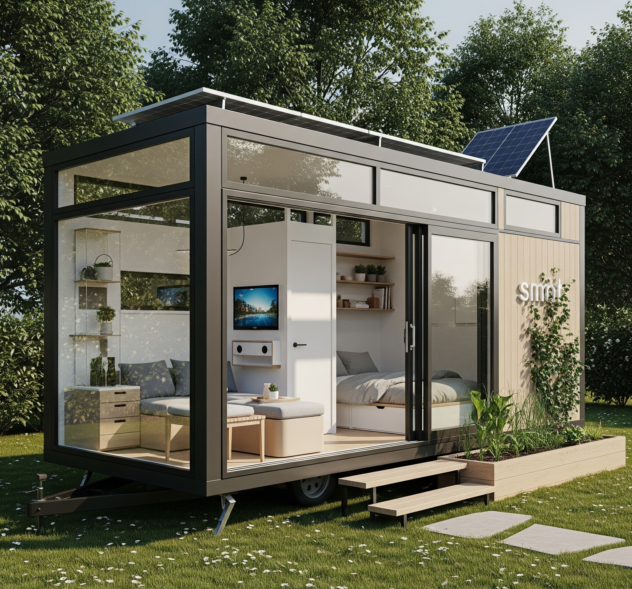 Sustainable capsule home, energy independence, smart home, eco-friendly architecture, solar-powered house.