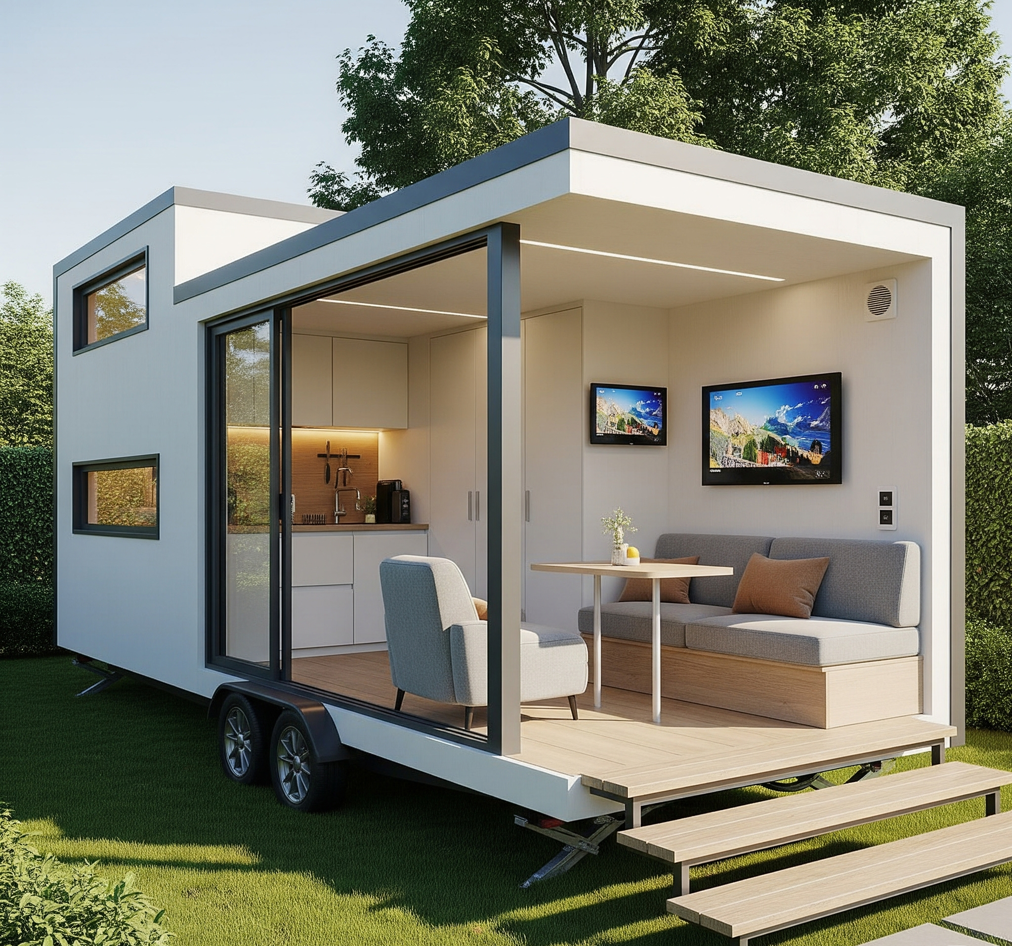 Modern, compact capsule home on wheels; open living space with stylish interior.