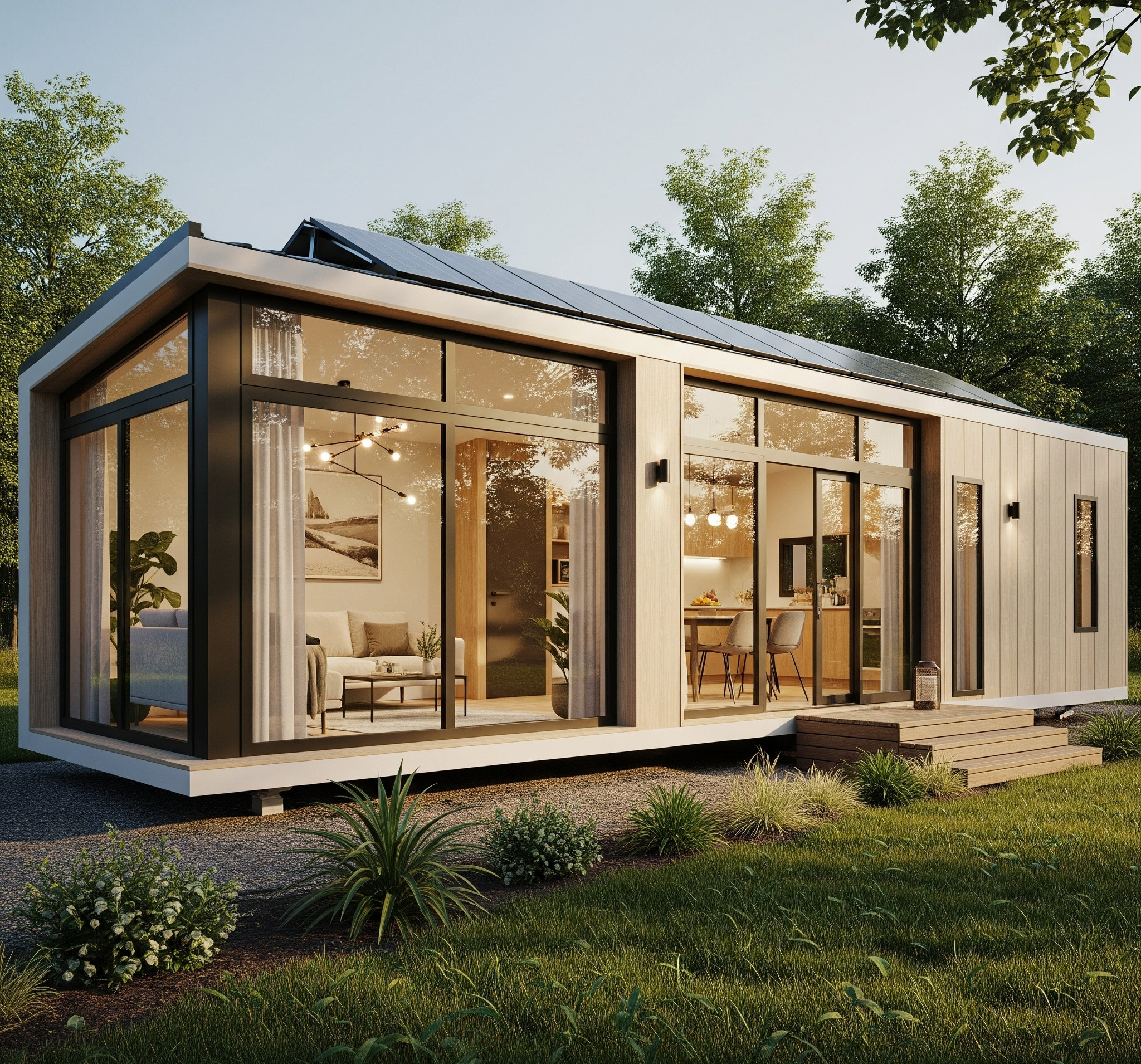 Modern, sustainable mobile home with a sleek design. Features large glass windows and rooftop solar panels, showcasing luxurious living within nature